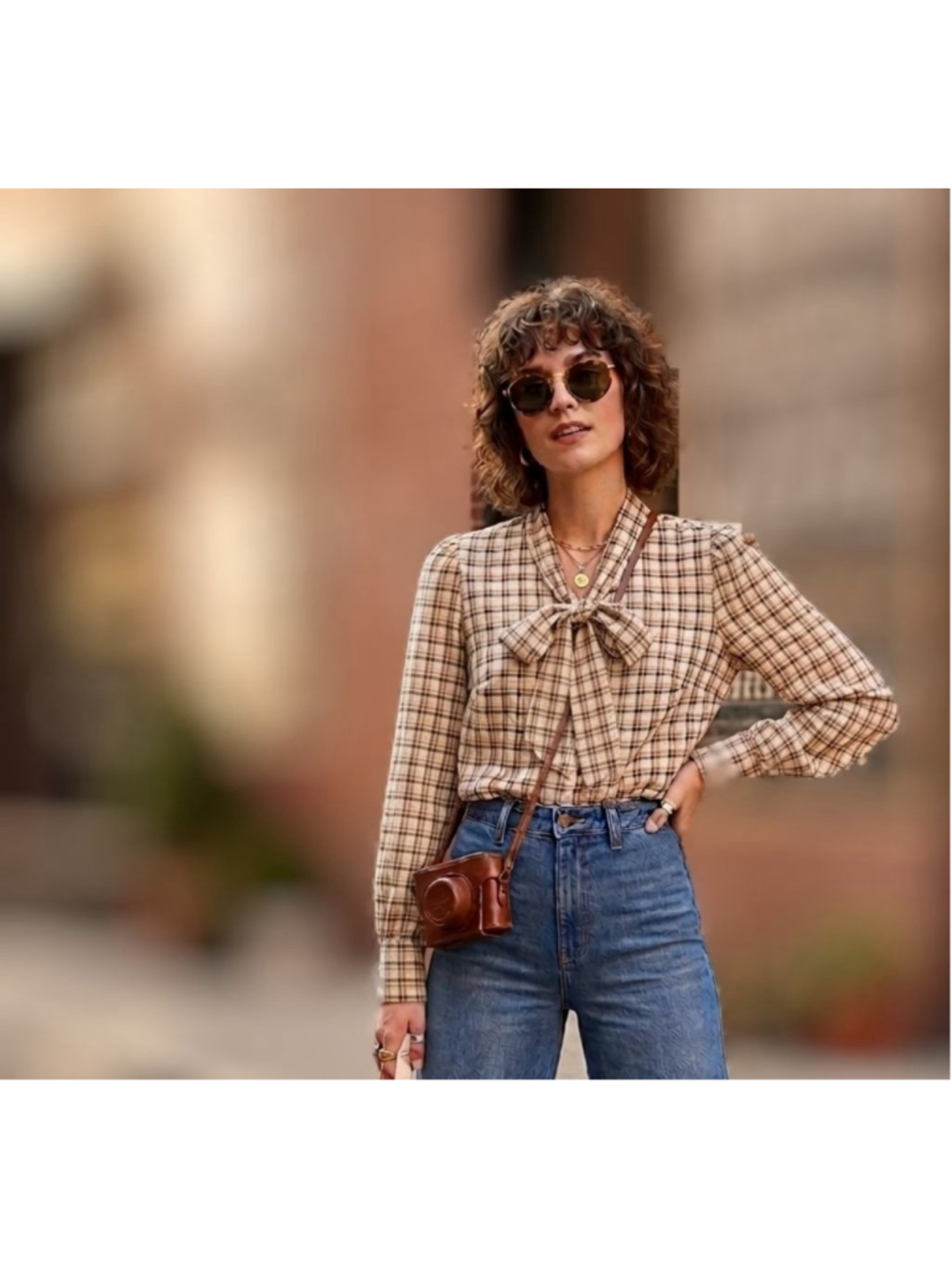 Ann Taylor Cream Plaid Tie-Neck Blouse